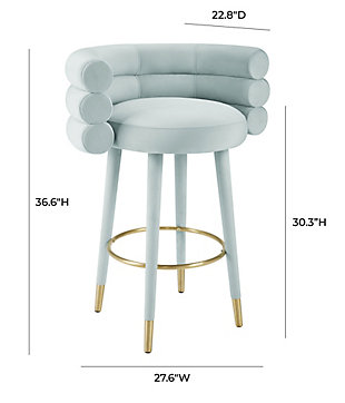 With plenty of style to go around, the Betty Velvet Stool will supplement your home decor like no other. It is designed for comfort and shaped to entertain. Available in two energetic colors, and in counter and bar stool sizes.Handmade by skilled furniture craftsmen | Lavish upholstery available in two different color choices. | Sturdy frame with webbing support | Legs tipped with gold stainless-steel. | Plush seating and stylish backrest | Fabric Swatch available