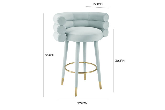 With plenty of style to go around, the Betty Velvet Stool will supplement your home decor like no other. It is designed for comfort and shaped to entertain. Available in two energetic colors, and in counter and bar stool sizes.Handmade by skilled furniture craftsmen | Lavish upholstery available in two different color choices. | Sturdy frame with webbing support | Legs tipped with gold stainless-steel. | Plush seating and stylish backrest | Fabric Swatch available
