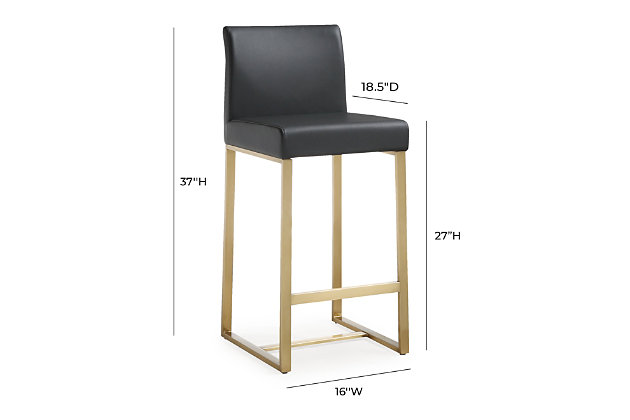 Furnish your kitchen or bar area in contemporary style with the Denmark counter stool. The goldtone solid stainless steel frame provides a sturdy base, while the plush seat and footrest ensure maximum comfort. The combination of angles and gentle curves gives this stool an eye-catching appearance and the neutral color allows it to match well with any decor.Stainless steel frame and footrest | Comfortable faux leather upholstered back and seat | Ships 2 per carton | For residential or commercial use | Available in black or white and counter and bar height options | Assembly required