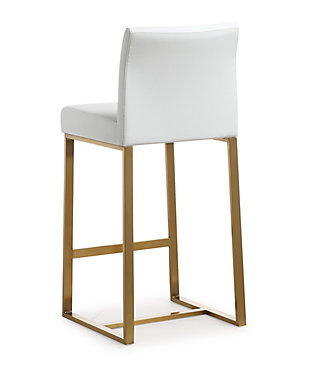 Furnish your kitchen or bar area in contemporary style with the Denmark counter stool. The goldtone solid stainless steel frame provides a sturdy base, while the plush seat and footrest ensure maximum comfort. The combination of angles and gentle curves gives this stool an eye-catching appearance and the neutral color allows it to match well with any decor.Stainless steel frame and footrest | Comfortable faux leather upholstered back and seat | For residential or commercial use | Available in black or white and counter and bar height options | Assembly required