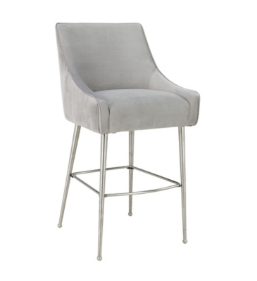 Beatrix Beatrix Pleated Light Gray Velvet Bar Stool, Gray/Silver, large