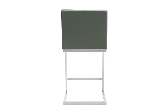 Furnish your kitchen or bar area in contemporary style with the Helsinki counter stool. The solid stainless steel frame provides a sturdy base, while the plush seat and footrest ensure maximum comfort. The combination of angles and gentle curves gives this stool an eye-catching appearance and the neutral color allows it to match well with any decor.Stainless steel frame and footrest | Button tufted back | Comfortable faux leather upholstered back and seat | Ships 2 per carton | For residential or commercial use | Assembly required