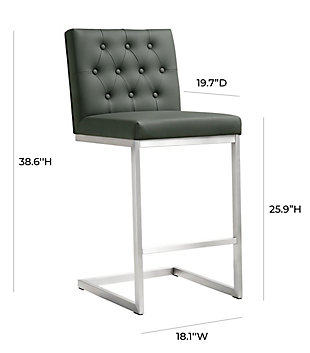 Furnish your kitchen or bar area in contemporary style with the Helsinki counter stool. The solid stainless steel frame provides a sturdy base, while the plush seat and footrest ensure maximum comfort. The combination of angles and gentle curves gives this stool an eye-catching appearance and the neutral color allows it to match well with any decor.Stainless steel frame and footrest | Button tufted back | Comfortable faux leather upholstered back and seat | Ships 2 per carton | For residential or commercial use | Assembly required