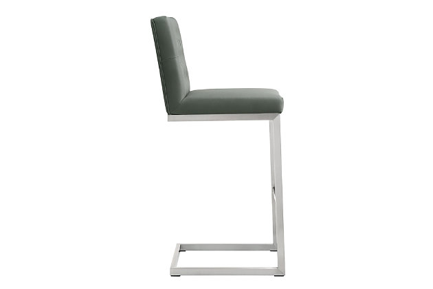 Furnish your kitchen or bar area in contemporary style with the Helsinki bar stool from TOV. The solid stainless steel frame provides a sturdy base, while the plush seat and footrest ensure maximum comfort. The combination of angles and gentle curves gives this stool an eye-catching appearance, while the neutral color allows it to match well with any decor.Stainless steel frame and footrest | Button tufted back | Comfortable Vegan Leather upholstered back and seat | Ships 2 per carton | For residential or commercial use | Available in black, white or grey and counter or bar height options | Fabric swatch available