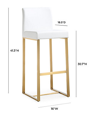 Furnish your kitchen or bar area in contemporary style with the Denmark counter stool. The gold solid stainless steel frame provides a sturdy base, while the plush seat and footrest ensure maximum comfort. The combination of angles and gentle curves gives this stool an eye-catching appearance, while the neutral color allows it to match well with any decor.Stainless steel frame and footrest | Comfortable Vegan Leather upholstered back and seat | Ships 2 per carton | For residential or commercial use | Available in black or white and counter and bar height options | Fabric swatch available