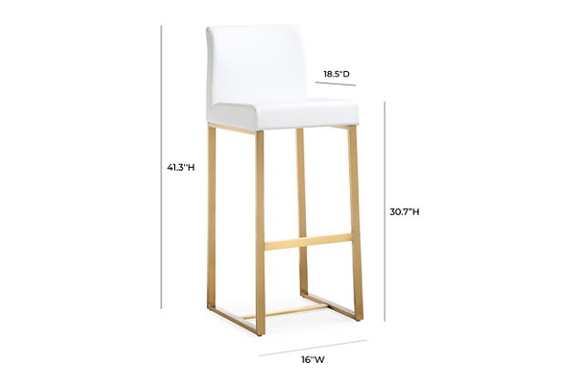 Furnish your kitchen or bar area in contemporary style with the Denmark counter stool. The gold solid stainless steel frame provides a sturdy base, while the plush seat and footrest ensure maximum comfort. The combination of angles and gentle curves gives this stool an eye-catching appearance, while the neutral color allows it to match well with any decor.Stainless steel frame and footrest | Comfortable Vegan Leather upholstered back and seat | Ships 2 per carton | For residential or commercial use | Available in black or white and counter and bar height options | Fabric swatch available