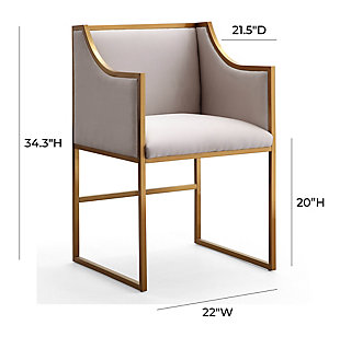 Perfect from all angles, the Atara chair will have you sitting pretty wherever you place her. This multipurpose chair looks divine while you dine and dramatic as spare seating in your living room. Available in black velvet with a goldtone or silvertone steel base or cream velvet with a goldtone steel base.Goldtone stainless steel frame | Soft and sumptuous velvet upholstery | Ships assembled | Fabric swatch available | For residential or commercial use | Ships assembled