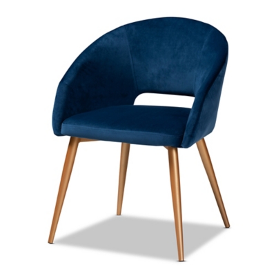 Vianne Glam and Luxe Navy Blue Velvet Fabric Upholstered Gold Finished Metal Dining Chair, , large