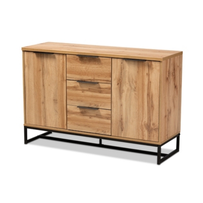 Reid Industrial Oak Finished Wood and Black Metal 3-Drawer Sideboard Buffet, , large
