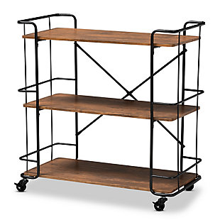 Neal Rustic Industrial Style Black Metal and Walnut Finished Wood Bar and Kitchen Serving Cart, , large