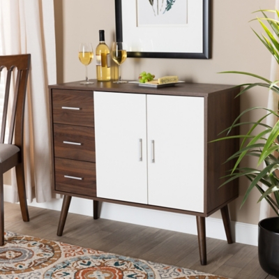 Leena Two-Tone White and Walnut Brown Finished Wood 3-Drawer Sideboard Buffet, , rollover