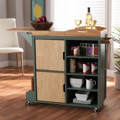 Dorthy Coastal and Farmhouse Two-tone Dark Green and Natural Wood Kitchen Storage Cart, , rollover
