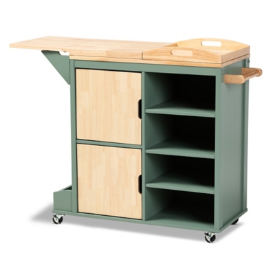 Dorthy Coastal and Farmhouse Two-tone Dark Green and Natural Wood Kitchen Storage Cart, , large