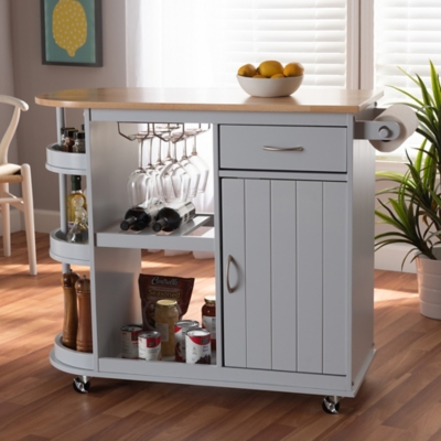 Donnie Coastal and Farmhouse Two-Tone Light Gray and Natural Finished Wood Kitchen Storage Cart, , large
