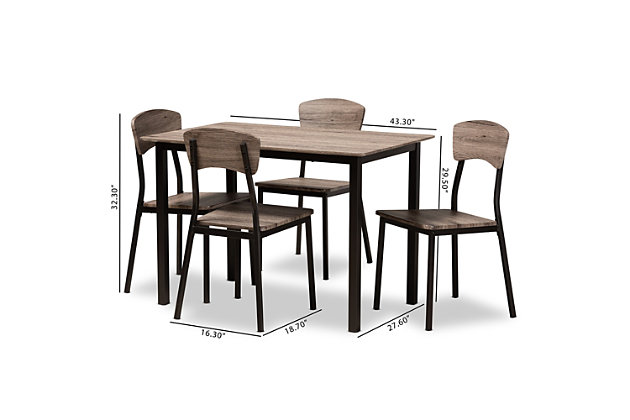 Smooth and functional, the Marcus dining set gives any dining space a relaxed, casual feel. Made in China, the Marcus set is adorned with wood finished in an oak brown and comfortably sits up to four. This dining set is supported by sturdy, black finished metal that complements the lighter tones of the wood. Assembly is required and a long, rectangular tabletop offers plenty of elbow room for each person. A unique fusion of metal and wood craftsmanship create a striking contrast that allows the Marcus to stand out as a fixture of the dining room.Dining set includes one (1) table and four (4) dining chairs | Oak Finished MDF wood | Black metal legs | Rectangular tabletop
