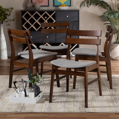 Devlin Transitional Light Gray Fabric Upholstered and Walnut Brown Finished Wood 4-Piece Dining Chair Set, Gray, rollover