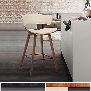Add a work of art to your beautiful home with the Jagger counter height bar stool. This features a mid-century modern aesthetic that can blend into any home decor, providing an inviting furniture piece for you and your guests. The smooth shape and clean lines of the Jagger are accompanied by soft, sleek faux leather upholstery. The Jagger counter height bar stool is crafted with durable wood construction and incorporates a convenient square footrest for extra support. The Jagger is available in your choice of cream or brown faux leather with walnut wood finish or gray faux leather with a black brushed wood finish.Stable and sturdy - this stool provides stability with its strong 4-leg base giving you a sturdy foundation to sit upon for hours. The square metal footrest is ideal for propping your feet up while socializing or eating at your kitchen island or pub table. In addition, this stool has a weight capacity of 250 lbs. | CONVENIENT DESIGN – The beautiful armless design allows you to pull this stool up as close as needed to your kitchen counter, island, bar or pub table. The stationary seat allows for total comfort and serves as a safety precaution for children. Never worry about your seat moving while you are seated comfortably in the Jagger bar stool. | Upgraded fabric - these stools are upholstered in a luxurious faux leather that is soft to the touch and comfortable to sit on for hours on end. Make clean up a breeze and easily wipe away any spills or messes in seconds allowing you more time to enjoy and less time cleaning. | COUNTER HEIGHT – The Jagger stools are an ideal counter height. The seat height for these stools is 26 inches and they fit perfectly with a 35” – 37” high island, counter or table. With no arms to worry about, you’re able to pull the stool in as close as needed ma for an optimal dining experience.