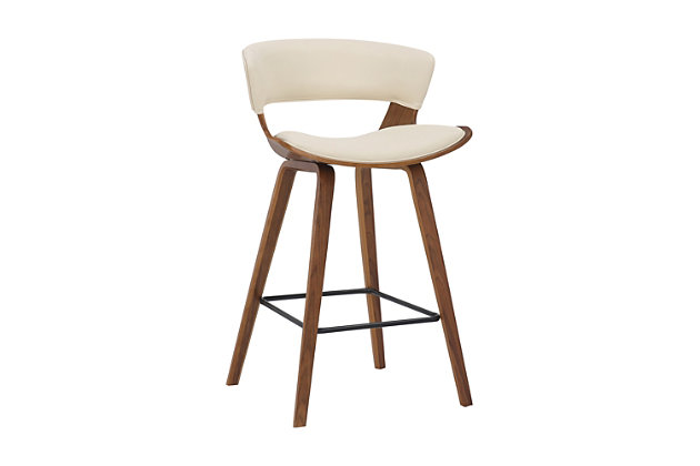 Add a work of art to your beautiful home with the Jagger counter height bar stool. This features a mid-century modern aesthetic that can blend into any home decor, providing an inviting furniture piece for you and your guests. The smooth shape and clean lines of the Jagger are accompanied by soft, sleek faux leather upholstery. The Jagger counter height bar stool is crafted with durable wood construction and incorporates a convenient square footrest for extra support. The Jagger is available in your choice of cream or brown faux leather with walnut wood finish or gray faux leather with a black brushed wood finish.Stable and sturdy - this stool provides stability with its strong 4-leg base giving you a sturdy foundation to sit upon for hours. The square metal footrest is ideal for propping your feet up while socializing or eating at your kitchen island or pub table. In addition, this stool has a weight capacity of 250 lbs. | CONVENIENT DESIGN – The beautiful armless design allows you to pull this stool up as close as needed to your kitchen counter, island, bar or pub table. The stationary seat allows for total comfort and serves as a safety precaution for small children. Never worry about your seat moving while you are seated comfortably in the Jagger bar stool. | Upgraded fabric - these stools are upholstered in a luxurious faux leather that is soft to the touch and comfortable to sit on for hours on end. Make clean up a breeze and easily wipe away any spills or messes in seconds allowing you more time to enjoy and less time cleaning. | COUNTER HEIGHT – The Jagger stools are an ideal counter height. The seat height for these stools is 26 inches and they fit perfectly with a 35” – 37” high island, counter or table. With no arms to worry about, you’re able to pull the stool in as close as needed making for an optimal dining experience.