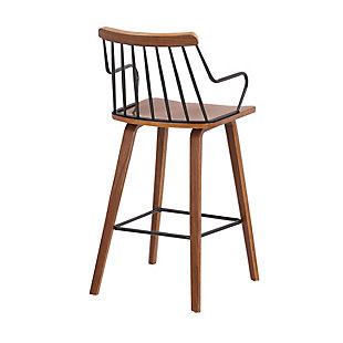 Offer casual seating to your guests with the Micah 26-inch walnut and black metal counter height bar stool. The Micah is a perfect furniture addition to any home and easily pulls up to any kitchen island or pub table. The warm walnut wood finish paired with the modern black metal accents are sure to please in a farmhouse décor setting but the Micah can also transition into any design theme. The footrest and metal back lend structural reinforcement and allow for hours of comfortable seating for your guests. This classic spindle back design has a modern twist in it that will remain timeless for years to come.Stable and sturdy - this stool provides stability with its strong 4-leg base giving you a stable foundation to sit upon for hours. The square metal footrest is ideal for propping your feet up while socializing or eating at your kitchen island or pub table. In addition, this stool has a weight capacity of 250 lbs. | CONVENIENT DESIGN – The beautiful low arm design allows you to pull this stool up as close as needed to your kitchen counter, island, bar or pub table. The stationary seat allows for total comfort and serves as a safety precaution for small children. Never worry about your seat moving while you are seated comfortably in the Micah bar stool. | COUNTER HEIGHT – The Micah stool is an ideal counter height. The seat height for these stools is 26 inches and they fit perfectly with a 35” – 37” high island, counter, or table. With no arms to worry about, you’re able to pull the stool in as close as needed making for an optimal dining experience. | UNIVERSAL STYLE – The simplistic design of the Micah is its greatest feature. The Micah can easily transition from a modern farmhouse, to a modern, to a rustic design theme with ease. The metal spindle style back is reminiscent of a classic Windsor style but the bent wood legs lend themselves to the mid-century modern era and when blending them together, you get the best of both worlds and a transitional style stool that is a perfect fit for any home.