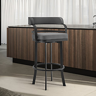 Prinz Swivel Bar and Counter stool in Gray Faux Leather and Matte Black Finish, , rollover