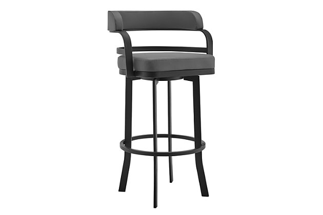 Style meets comfort with the Prinz bar and counter stools. The Prinz stool is a perfect furniture addition to any home regardless of the design theme. A strong metal or brushed steel base makes for the perfect balance of modern elegance. This bar stool features a 360-degree swivel function which increases mobility for a greater user experience. The sleek, smooth lines featured throughout the body of this chair combined with the look of the soft faux leather upholstery create harmony throughout this piece. The Prinz bar and counter height stool is available to you in bar height 30" and counter height 26". The gray faux leather upholstery is available with a black metal or brushed stainless-steel finish, black faux leather upholstery is available with a brushed stainless-steel finish.Stable and sturdy - this stool provides stability with its strong 4-leg base giving you a stable foundation to sit upon for hours. The metal ring footrest is ideal for propping your feet up while socializing or eating at your kitchen island or pub table. In addition, this stool has a weight capacity of 250 lbs. | Convenient design - uniquely angled arms allow you to pull this stool up as close as needed to your kitchen counter, island, bar, or pub table. The 360 degrees full swivel function allows optimal mobility and allows you to join in on the conversation from any part of your kitchen or bar area. | Upgraded fabric - these stools are upholstered in a luxurious faux leather that is soft to the touch and comfortable to sit on for hours on end. Make clean up a breeze and easily wipe away any spills or messes in seconds allowing you more time to enjoy and less time cleaning. | Height variation options - whether you have a kitchen island, a bar table, pub table or peninsula, we've got you covered with any height you desire! Our bar height stools have a comfortable seat height of 30" and our counter height stools hold you at a convenient 26" seat height.