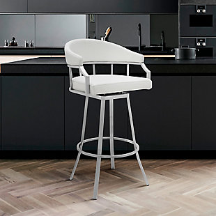 Palmdale Swivel Modern Faux Leather Bar and Counter Stool in Brushed Stainless Steel Finish, White, rollover