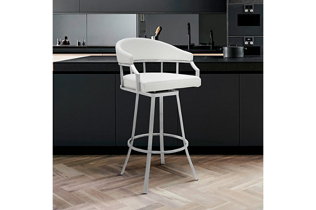 The Palmdale Swivel Modern Metal and Faux Leather Bar and Counter Height Stool is a fabulous and functional furniture addition to any home! This beautiful stool is upholstered in butter soft faux leather in multiple color options. The frame of the Palmdale stool is constructed from brushed stainless steel that is sturdy enough to last for many years to come. Enjoy full mobility with the 360-degree swivel functionality that allows you to join in on the conversation from any part of your kitchen or bar area. The padded and upholstered back rest gives you comfort that only increases with its convenient metal ring footrest. Enjoy a luxurious style bar or counter stool that is unique in style and practical in function. The Palmdale Swivel Modern Metal and Faux Leather Bar and Counter height stools are available in a sleek brushed stainless-steel finish and come in your choice of White, Slate gray or Black faux leather.Stable and sturdy - this stool provides stability with its strong 4-leg base giving you a stable foundation to sit upon for hours. The metal ring footrest is ideal for propping your feet up while socializing or eating at your kitchen island or pub table. In addition, this stool has a weight capacity of 250 lbs. | CONVENIENT DESIGN – The unique arm design allows you to pull this stool up as close as needed to your kitchen counter, island, bar, or pub table. The 360 degrees full swivel function allows optimal mobility and allows you to join in on the conversation from any part of your kitchen or bar area. | Upgraded fabric - these stools are upholstered in a luxurious faux leather that is soft to the touch and comfortable to sit on for hours on end. Make clean up a breeze and easily wipe away any spills or messes in seconds allowing you more time to enjoy and less time cleaning. | Height variation options - whether you have a kitchen island, a bar table, pub table or peninsula, we've got you covered with any height you desire! Our bar height stools have a comfortable seat height of 30" and our counter height stools hold you at a convenient 26" seat height.