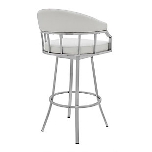 The Palmdale Swivel Modern Metal and Faux Leather Bar and Counter Height Stool is a fabulous and functional furniture addition to any home! This beautiful stool is upholstered in butter soft faux leather in multiple color options. The frame of the Palmdale stool is constructed from brushed stainless steel that is sturdy enough to last for many years to come. Enjoy full mobility with the 360-degree swivel functionality that allows you to join in on the conversation from any part of your kitchen or bar area. The padded and upholstered back rest gives you comfort that only increases with its convenient metal ring footrest. Enjoy a luxurious style bar or counter stool that is unique in style and practical in function. The Palmdale Swivel Modern Metal and Faux Leather Bar and Counter height stools are available in a sleek brushed stainless-steel finish and come in your choice of White, Slate gray or Black faux leather.Stable and sturdy - this stool provides stability with its strong 4-leg base giving you a stable foundation to sit upon for hours. The metal ring footrest is ideal for propping your feet up while socializing or eating at your kitchen island or pub table. In addition, this stool has a weight capacity of 250 lbs. | CONVENIENT DESIGN – The unique arm design allows you to pull this stool up as close as needed to your kitchen counter, island, bar, or pub table. The 360 degrees full swivel function allows optimal mobility and allows you to join in on the conversation from any part of your kitchen or bar area. | Upgraded fabric - these stools are upholstered in a luxurious faux leather that is soft to the touch and comfortable to sit on for hours on end. Make clean up a breeze and easily wipe away any spills or messes in seconds allowing you more time to enjoy and less time cleaning. | Height variation options - whether you have a kitchen island, a bar table, pub table or peninsula, we've got you covered with any height you desire! Our bar height stools have a comfortable seat height of 30" and our counter height stools hold you at a convenient 26" seat height.