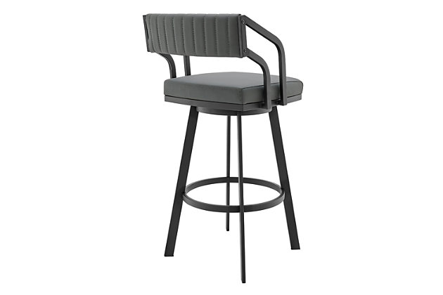 Add a modern furniture piece to your home with the Scranton Swivel Modern Metal and Faux Leather Bar and Counter Height Stool. The Scranton is a unique design that will be sure to start conversations at all your gatherings. Pull the Scranton up to your kitchen island, counter, peninsula, bar, or pub table with ease due to the unique low arm design that allows you to sit as closely to your desired surface as needed. The Scranton modern style silhouette is perfectly complemented by its channel style stitching on the back piece, the back of the Scranton's open-lower back design allows for cool breathable seating. Enjoy full mobility with the 360-degree swivel function that keeps you fully engaged with guests on all sides of the room. The Scranton Swivel Modern Metal and Faux Leather Bar and Counter Height Stool is available in your choice of a Matte Black or Brushed Stainless Steel finish and beautiful slate gray faux leather and comes in a Bar 30" height or a Counter 26" height.Stable and sturdy - this stool provides stability with its strong 4-leg base giving you a stable foundation to sit upon for hours. The metal ring footrest is ideal for propping your feet up while socializing or eating at your kitchen island or pub table. In addition, this stool has a weight capacity of 250 lbs. | CONVENIENT DESIGN – The unique arm design allows you to pull this stool up as close as needed to your kitchen counter, island, bar, or pub table. The 360 degrees full swivel function allows optimal mobility and allows you to join in on the conversation from any part of your kitchen or bar area. | Upgraded fabric - these stools are upholstered in a luxurious faux leather that is soft to the touch and comfortable to sit on for hours on end. Make clean up a breeze and easily wipe away any spills or messes in seconds allowing you more time to enjoy and less time cleaning. | Height variation options - whether you have a kitchen island, a bar table, pub table or peninsula, we've got you covered with any height you desire! Our bar height stools have a comfortable seat height of 30" and our counter height stools hold you at a convenient 26" seat height.