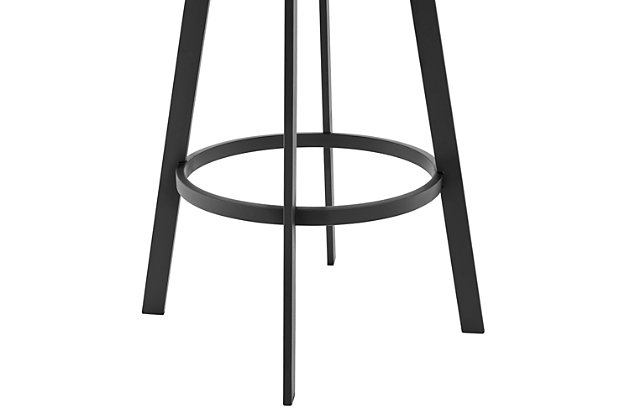 Add a modern furniture piece to your home with the Scranton Swivel Modern Metal and Faux Leather Bar and Counter Height Stool. The Scranton is a unique design that will be sure to start conversations at all your gatherings. Pull the Scranton up to your kitchen island, counter, peninsula, bar, or pub table with ease due to the unique low arm design that allows you to sit as closely to your desired surface as needed. The Scranton modern style silhouette is perfectly complemented by its channel style stitching on the back piece, the back of the Scranton's open-lower back design allows for cool breathable seating. Enjoy full mobility with the 360-degree swivel function that keeps you fully engaged with guests on all sides of the room. The Scranton Swivel Modern Metal and Faux Leather Bar and Counter Height Stool is available in your choice of a Matte Black or Brushed Stainless Steel finish and beautiful slate gray faux leather and comes in a Bar 30" height or a Counter 26" height.Stable and sturdy - this stool provides stability with its strong 4-leg base giving you a stable foundation to sit upon for hours. The metal ring footrest is ideal for propping your feet up while socializing or eating at your kitchen island or pub table. In addition, this stool has a weight capacity of 250 lbs. | CONVENIENT DESIGN – The unique arm design allows you to pull this stool up as close as needed to your kitchen counter, island, bar, or pub table. The 360 degrees full swivel function allows optimal mobility and allows you to join in on the conversation from any part of your kitchen or bar area. | Upgraded fabric - these stools are upholstered in a luxurious faux leather that is soft to the touch and comfortable to sit on for hours on end. Make clean up a breeze and easily wipe away any spills or messes in seconds allowing you more time to enjoy and less time cleaning. | Height variation options - whether you have a kitchen island, a bar table, pub table or peninsula, we've got you covered with any height you desire! Our bar height stools have a comfortable seat height of 30" and our counter height stools hold you at a convenient 26" seat height.