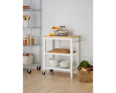 Rubberwood Butcher Block Kitchen Cart, White/Natural