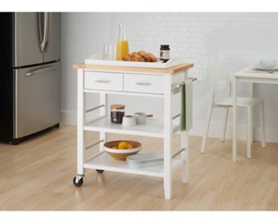 D600002831 Rubberwood Butcher Block Kitchen Cart, White/Natur sku D600002831