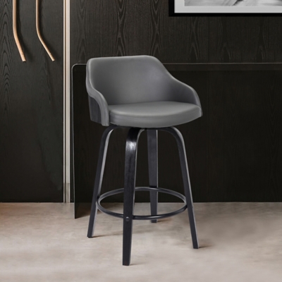 Alec Contemporary 30" Bar Height Swivel Barstool in Black Brush Wood Finish and Gray Faux Leather, Gray, large