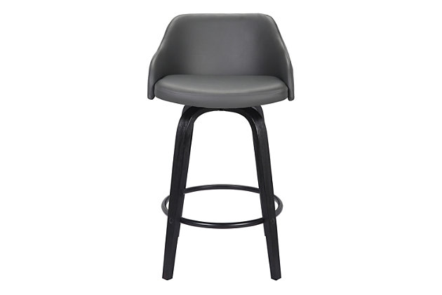 With a brushed black finish and faux leather upholstery, the Alec swivel bar stool has a modern design and neutral tones that easily blend into just about any room decor. The sleek contemporary-style bar stool features a foam-padded low back design for lumbar support, along with a built-in metal footrest. Its 360-degree swivel action allows for maximum mobility while seated.Wood frame with brushed black finish | Gray faux leather upholstery on seat and back | Foam-padded low back design | Metal footrest with powdercoat black finish | 360-degree swivel allows full mobility | Bar height | Assembly required