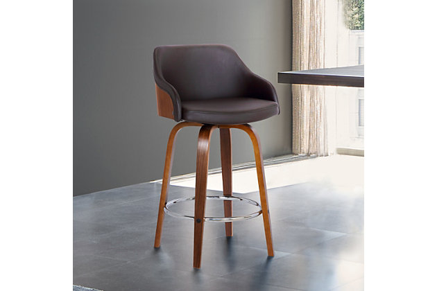 With a walnut wood finish and faux leather upholstery, the Alec counter height swivel bar stool has a modern design and neutral tones that easily blend into just about any room decor. The sleek contemporary-style stool features a foam-padded low back design for lumbar support, along with a built-in footrest. Its 360-degree swivel action allows for maximum mobility while seated.Wood frame with walnut finish | Brown faux leather upholstery on seat and back | Foam-padded low back design | Metal footrest with chrome-tone finish | 360-degree swivel allows full mobility | Counter height | Assembly required