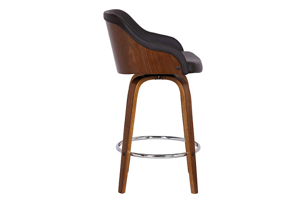 With a walnut wood finish and faux leather upholstery, the Alec counter height swivel bar stool has a modern design and neutral tones that easily blend into just about any room decor. The sleek contemporary-style stool features a foam-padded low back design for lumbar support, along with a built-in footrest. Its 360-degree swivel action allows for maximum mobility while seated.Wood frame with walnut finish | Brown faux leather upholstery on seat and back | Foam-padded low back design | Metal footrest with chrome-tone finish | 360-degree swivel allows full mobility | Counter height | Assembly required