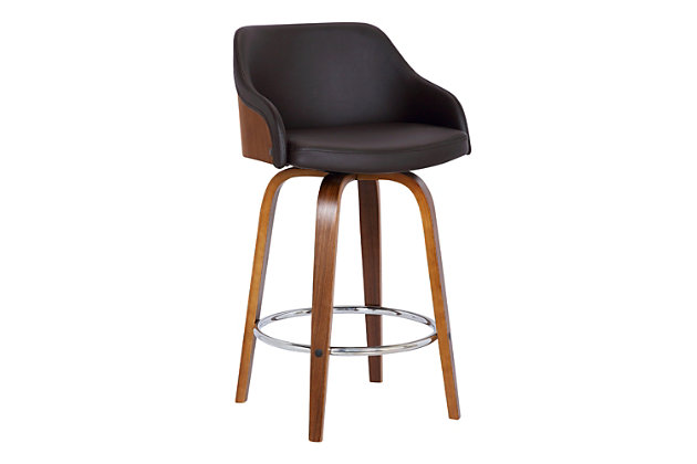 With a walnut wood finish and faux leather upholstery, the Alec bar stool has a modern design and neutral tones that easily blend into just about any room decor. The sleek contemporary-style stool features a foam-padded low back design for lumbar support, along with a built-in footrest. Its 360-degree swivel action allows for maximum mobility while seated.Wood frame with walnut finish | Brown faux leather upholstery on seat and back | Foam-padded low back design | Metal footrest with chrome-tone finish | 360-degree swivel allows full mobility | Counter height | Assembly required