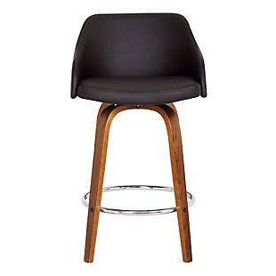 With a walnut wood finish and faux leather upholstery, the Alec bar stool has a modern design and neutral tones that easily blend into just about any room decor. The sleek contemporary-style stool features a foam-padded low back design for lumbar support, along with a built-in footrest. Its 360-degree swivel action allows for maximum mobility while seated.Wood frame with walnut finish | Brown faux leather upholstery on seat and back | Foam-padded low back design | Metal footrest with chrome-tone finish | 360-degree swivel allows mobility | Counter height | Assembly required