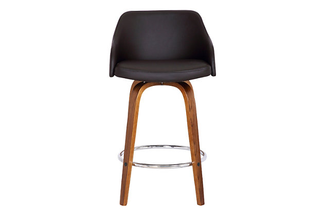 With a walnut wood finish and faux leather upholstery, the Alec bar stool has a modern design and neutral tones that easily blend into just about any room decor. The sleek contemporary-style stool features a foam-padded low back design for lumbar support, along with a built-in footrest. Its 360-degree swivel action allows for maximum mobility while seated.Wood frame with walnut finish | Brown faux leather upholstery on seat and back | Foam-padded low back design | Metal footrest with chrome-tone finish | 360-degree swivel allows full mobility | Counter height | Assembly required
