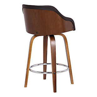 With a walnut wood finish and faux leather upholstery, the Alec bar stool has a modern design and neutral tones that easily blend into just about any room decor. The sleek contemporary-style stool features a foam-padded low back design for lumbar support, along with a built-in footrest. Its 360-degree swivel action allows for maximum mobility while seated.Wood frame with walnut finish | Brown faux leather upholstery on seat and back | Foam-padded low back design | Metal footrest with chrome-tone finish | 360-degree swivel allows mobility | Counter height | Assembly required