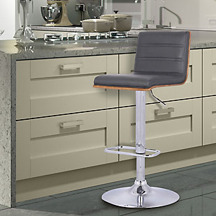 The contemporary-style Aubrey bar stool features adjustable height and 360-degree swivel functionality, making it a good fit for the kitchen counter, home bar area, or any gathering area. Its chrome finish and walnut wood veneer are complemented by a faux leather seat and back to blend easily with any color scheme and room decor. The sturdy metal pedestal includes a footrest for added leg support. The Aubrey easily adjusts from counter height to bar height.Made of metal, wood and faux leather | Base with chrome finish | Gray upholstered seat | Walnut veneer finish on back | 360-degree swivel allows full mobility | Footrest offers leg support | Adjusts from counter height to bar height | Assembly required