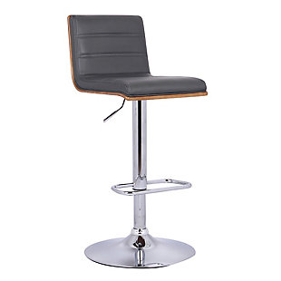 The contemporary-style Aubrey bar stool features adjustable height and 360-degree swivel functionality, making it a good fit for the kitchen counter, home bar area, or any gathering area. Its chrome finish and walnut wood veneer are complemented by a faux leather seat and back to blend easily with any color scheme and room decor. The sturdy metal pedestal includes a footrest for added leg support. The Aubrey easily adjusts from counter height to bar height.Made of metal, wood and faux leather | Base with chrome finish | Gray upholstered seat | Walnut veneer finish on back | 360-degree swivel allows full mobility | Footrest offers leg support | Adjusts from counter height to bar height | Assembly required