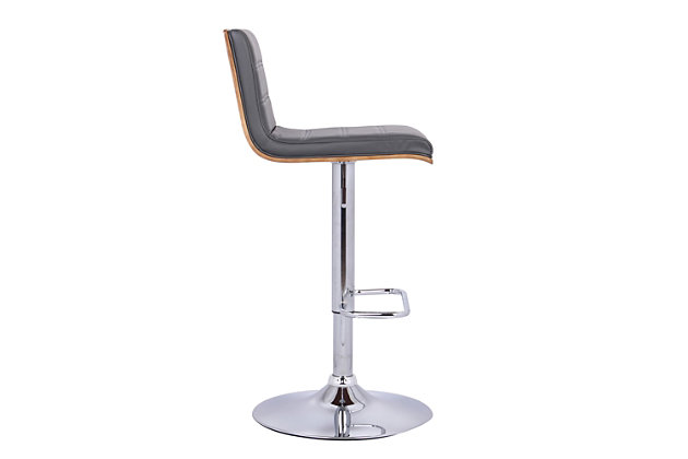 The contemporary-style Aubrey bar stool features adjustable height and 360-degree swivel functionality, making it a good fit for the kitchen counter, home bar area, or any gathering area. Its chrome finish and walnut wood veneer are complemented by a faux leather seat and back to blend easily with any color scheme and room decor. The sturdy metal pedestal includes a footrest for added leg support. The Aubrey easily adjusts from counter height to bar height.Made of metal, wood and faux leather | Base with chrome finish | Gray upholstered seat | Walnut veneer finish on back | 360-degree swivel allows full mobility | Footrest offers leg support | Adjusts from counter height to bar height  | Assembly required