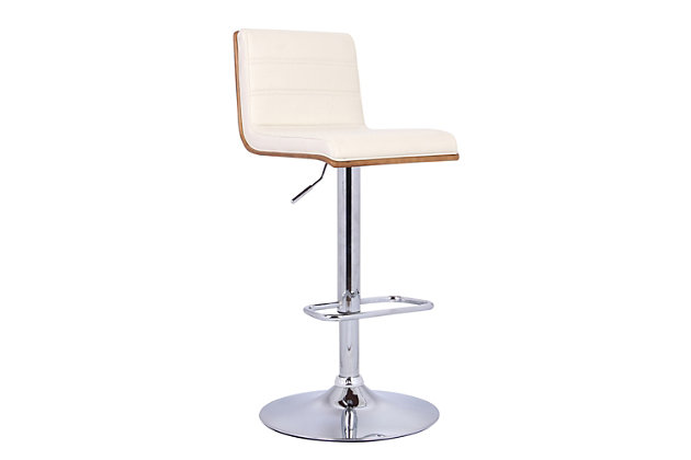 The contemporary-style Aubrey bar stool features adjustable height and 360-degree swivel functionality, making it a good fit for the kitchen counter, home bar area, or any gathering area. Its chrome finish and walnut wood veneer are complemented by a faux leather seat and back to blend easily with any color scheme and room decor. The sturdy metal pedestal includes a footrest for added leg support. The Aubrey easily adjusts from counter height to bar height.Made of metal, wood and faux leather | Base with chrome finish | Seat with cream-colored upholstery | Walnut veneer finish on back | 360-degree swivel allows full mobility | Footrest offers leg support | Adjusts from counter height to bar height | Assembly required