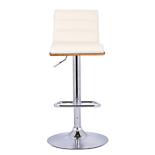 The contemporary-style Aubrey bar stool features adjustable height and 360-degree swivel functionality, making it a good fit for the kitchen counter, home bar area, or any gathering area. Its chrome finish and walnut wood veneer are complemented by a faux leather seat and back to blend easily with any color scheme and room decor. The sturdy metal pedestal includes a footrest for added leg support. The Aubrey easily adjusts from counter height to bar height.Made of metal, wood and faux leather | Base with chrome finish | Seat with cream-colored upholstery | Walnut veneer finish on back | 360-degree swivel allows full mobility | Footrest offers leg support | Adjusts from counter height to bar height | Assembly required