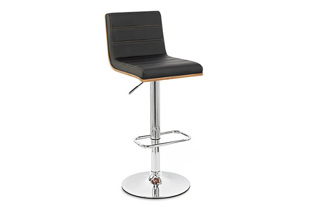 The contemporary-style Aubrey bar stool features adjustable height and 360-degree swivel functionality, making it a good fit for the kitchen counter, home bar area, or any gathering area. Its chrome finish and walnut wood veneer are complemented by a faux leather seat and back to blend easily with any color scheme and room decor. The sturdy metal pedestal includes a footrest for added leg support. The Aubrey easily adjusts from counter height to bar height.Made of metal, wood and faux leather | Frame with chrome finish | Seat with black upholstery | Walnut veneer finish on back | 360-degree swivel allows full mobility | Footrest offers leg support | Adjusts from counter height to bar height | Assembly required