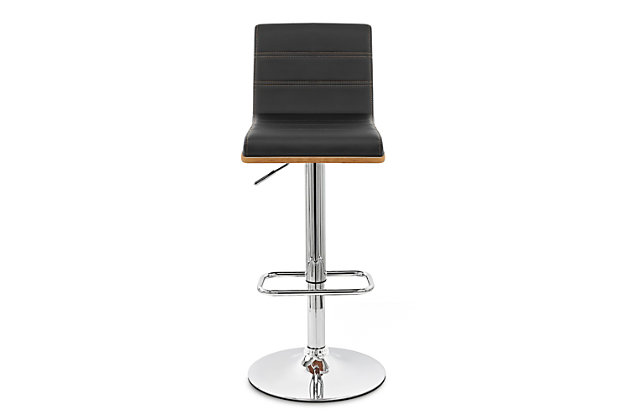 The contemporary-style Aubrey bar stool features adjustable height and 360-degree swivel functionality, making it a good fit for the kitchen counter, home bar area, or any gathering area. Its chrome finish and walnut wood veneer are complemented by a faux leather seat and back to blend easily with any color scheme and room decor. The sturdy metal pedestal includes a footrest for added leg support. The Aubrey easily adjusts from counter height to bar height.Made of metal, wood and faux leather | Frame with chrome finish | Seat with black upholstery | Walnut veneer finish on back | 360-degree swivel allows full mobility | Footrest offers leg support | Adjusts from counter height to bar height | Assembly required