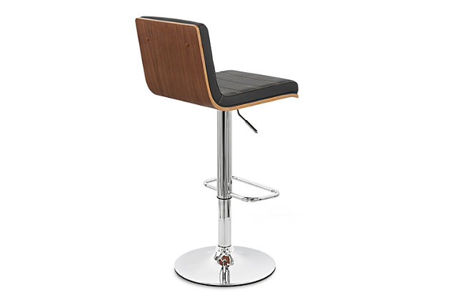 The contemporary-style Aubrey bar stool features adjustable height and 360-degree swivel functionality, making it a good fit for the kitchen counter, home bar area, or any gathering area. Its chrome finish and walnut wood veneer are complemented by a faux leather seat and back to blend easily with any color scheme and room decor. The sturdy metal pedestal includes a footrest for added leg support. The Aubrey easily adjusts from counter height to bar height.Made of metal, wood and faux leather | Frame with chrome finish | Seat with black upholstery | Walnut veneer finish on back | 360-degree swivel allows full mobility | Footrest offers leg support | Adjusts from counter height to bar height  | Assembly required