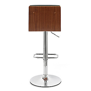 The contemporary-style Aubrey bar stool features adjustable height and 360-degree swivel functionality, making it a good fit for the kitchen counter, home bar area, or any gathering area. Its chrome finish and walnut wood veneer are complemented by a faux leather seat and back to blend easily with any color scheme and room decor. The sturdy metal pedestal includes a footrest for added leg support. The Aubrey easily adjusts from counter height to bar height.Made of metal, wood and faux leather | Frame with chrome finish | Seat with black upholstery | Walnut veneer finish on back | 360-degree swivel allows full mobility | Footrest offers leg support | Adjusts from counter height to bar height  | Assembly required