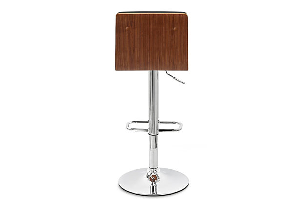 The contemporary-style Aubrey bar stool features adjustable height and 360-degree swivel functionality, ma it a good fit for the kitchen counter, home bar area, or any gathering area. Its chrome finish and walnut wood veneer are complemented by a faux leather seat and back to blend easily with any color scheme and room decor. The sturdy metal pedestal includes a footrest for added leg support. The Aubrey easily adjusts from counter height to bar height.Made of metal, wood and faux leather | Frame with chrome finish | Seat with black upholstery | Walnut veneer finish on back | 360-degree swivel allows mobility | Footrest offers leg support | Adjusts from counter height to bar height | Assembly required